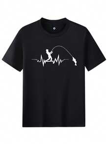 Áo thun nam tay ngắn dáng ôm vừa vặn có in hình điện tâm đồ và câu cá cá nhân, trang phục thể thao ngoài trời giản dị và phong cách, thích hợp làm quà tặng cho chồng hoặc bạn trai, phong cách những năm 2000 - màu đen - Xem 2