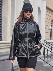 ZIAI Solid Color Stand Collar Zip Drawstring Jacket - Black - View 10