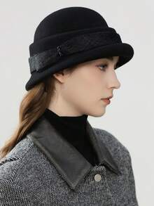 1 peça novo chapéu francês elegante versátil outono/inverno redondo de lã feltro, aba virada para cima decoração de laço chapéu de balde de aba pequena inverno quente