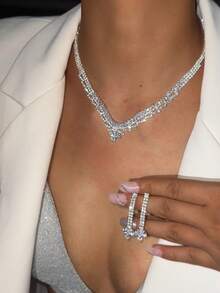 Elegant Luxury High-End Bridal Wedding/Banquet Dress Accessory Set - Rhinestone Teardrop Flower Pendant Earrings & Necklace 2 Pieces Jewelry Set