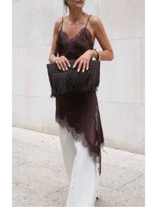 Women Lace Trim Satin High Low Tops Silk Spaghetti Strap Side Split Asymmetrical Cami Top Flowy Silky Layering Tops - 咖啡棕 - 查看 5