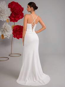 ADYCE High Waist Spaghetti Strap Long Prom Dress 3D Floral High Slit Backless Formal Gown Dress For Party, Prom, Banquet, Homecoming And Graduation - White - View 2