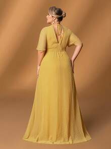 Faeriesty Mosy Plus Chiffon Evening Gown With V-Neckline, Bat-Wing Sleeves & Subtle Polka Dots – High Side Slit & Floor-Length Drapes For Weddings, Proms & Elegant Evening Parties