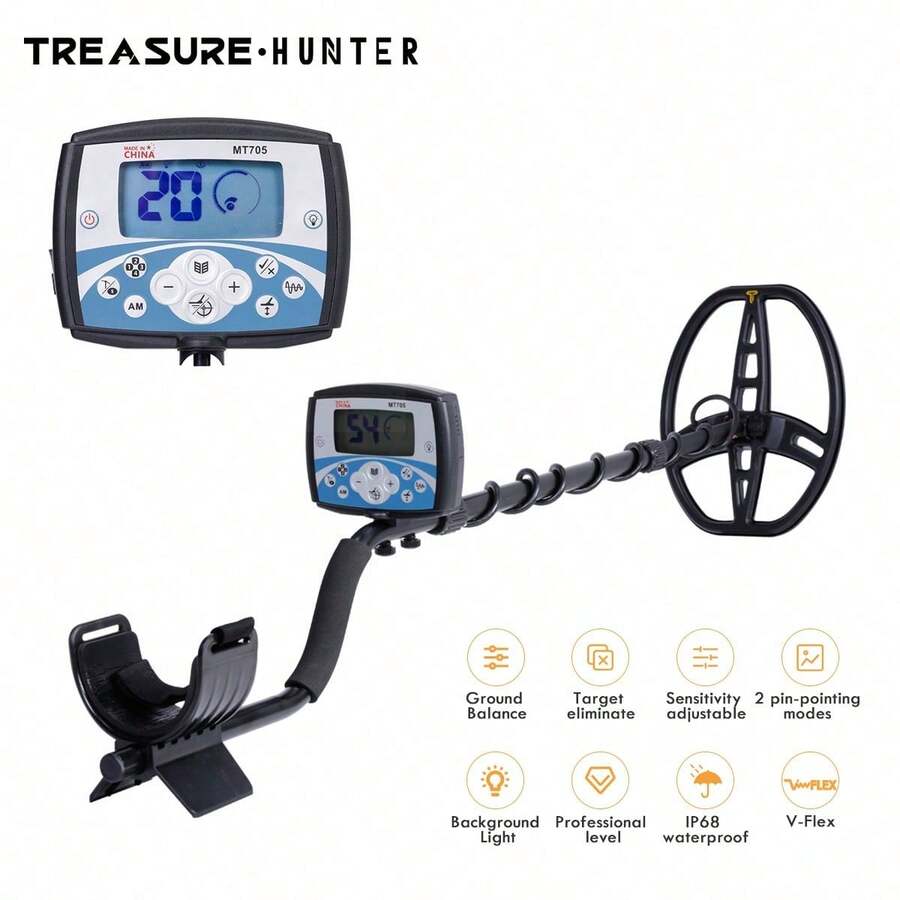 Treasure Hunter MT705 专业地下金属探测器 V-Flex 扫描仪防水 11 英寸线圈金属探测工具精确定位器 - 黑色 - 查看 1