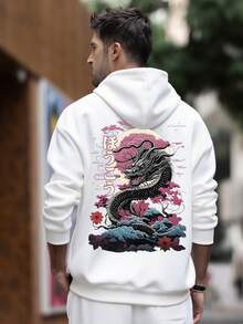 Krometka 男士秋冬黑色龙纹樱花印花连帽衫，独特日式风格 - 白色 - 查看 2