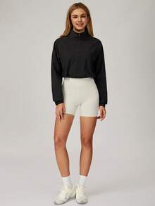 MASKERT 女士半拉链长袖外套，防晒上衣，拉链立领瑜伽上衣，跑步运动服，柔软亲肤 - 黑色 - 查看 9