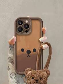 可爱棕熊带挂绳手机壳适用于 17/16 Pro Max/15 Pro、新款 14、13、12 Pro、11、XS、15 Plus，时尚小众硅胶保护套 - 棕色 - 查看 3