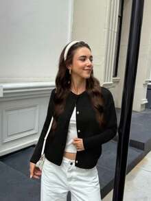 FOR BEAUTY Autumn And Winter New Solid Color Single Breasted Round Neck Ribbed Long Sleeved Knitted Sweater Women's Top, Fashionable, Simple, Gentle, Atmospheric, Slim Fitting Temperament Suitable For Daily Commuting Sweater Coat , Women's Clothing Chic Autumn New Year