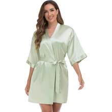 VOGUEMAX Women's Short Kimono Robe Silky Satin Bathrobe Bride Bridesmaids Getting Ready Sleepwear Soft Nightgown - 鼠尾草綠 - 查看 2
