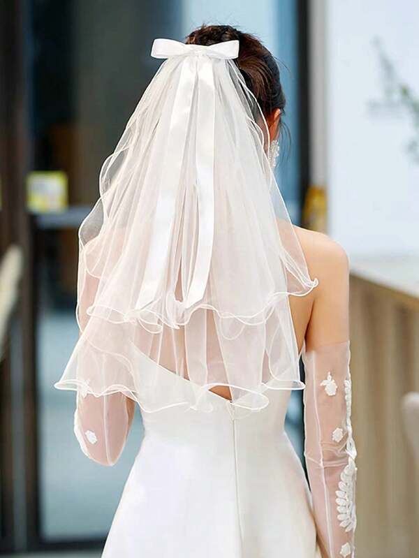 1 Stück Braut Kopfschmuck mit Schleife und doppelter Lage, reines Weiß, transparent, eleganter kurzer Tüllschleier für Hochzeit, Reise, Junggesellinnenabschied