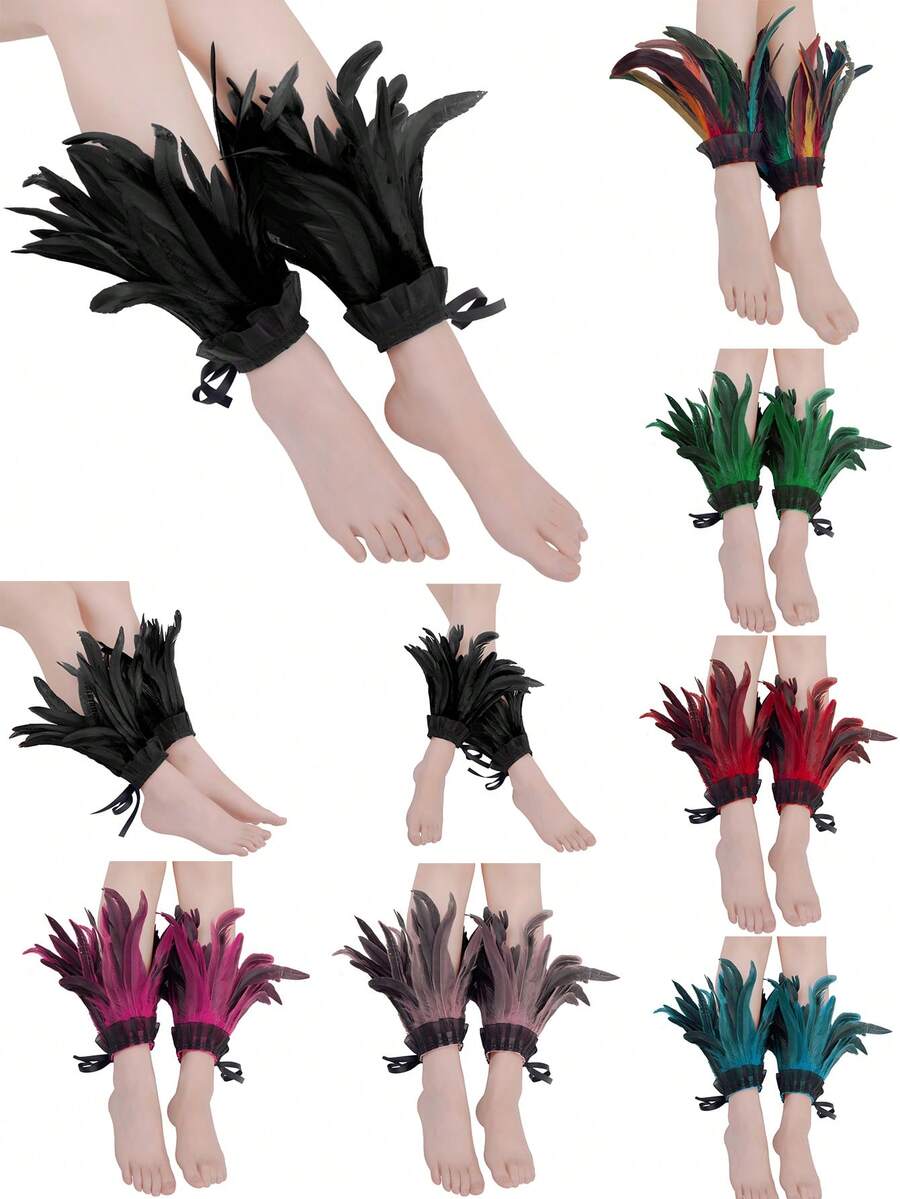 2个仿真羽毛脚环，万圣节角色扮演服装羽毛脚环，适合万圣节、圣诞节、朋克派对、所有季节 - 彩色 - 查看 1