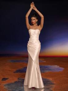 Anymoon 3D Hand Floral Ruffle Trim Mermaid Bridesmaid Dress - Apricot - View 4