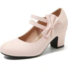 Enelauge Women's Mary Jane Heels With Bow Retro Closed Round Toe Pumps Sweet Ankle Strap Low Block Heels Chic Bowtie Vintage Dress Wedding Party Office Daily ShoesChristmas - Hồng - Xem 1