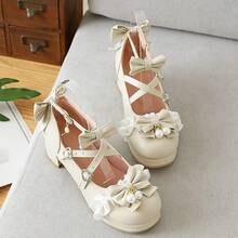 Women Lolita Cosplay Shoes Cross Strap Block Heel Mary Jane Lace Pumps-20256688 - 3米色 - 查看 4