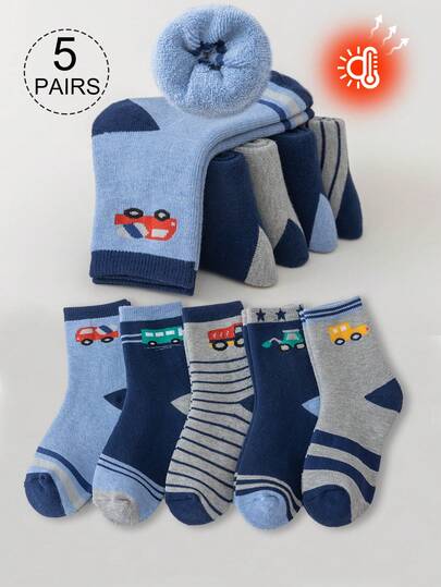 5 par pojksockor, barnsockor till mitten av vaden, blå, grå, röd, grön, färgblock, randig, tecknad bil, stjärnmönster, plyschfoder, lämplig för vår/höst och vinter, tjock, söt, moderiktig, minimalistisk, lämplig för vardagsbruk, studenter, varm