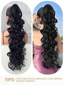 32英寸长款波浪卷马尾假发，合成耐热爪式卷曲波浪马尾假发，女士适用 - 黑色 - 查看 8