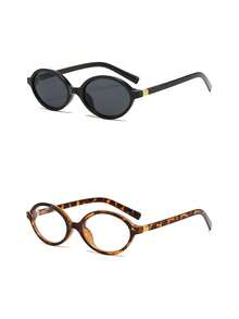 2pcs Retro Hip Hop Small Oval Frame Glasses, Minimalist & Versatile Fashion Eyewear For Women - Leopard Print Transparent Film + Black Frame Gray Film - View 6