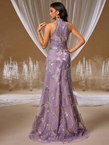 GIFORU 奢华薰衣草紫串珠亮片礼服 - 露背深 V 领和银色腰带，适合红毯活动、歌剧晚会和慈善舞会婚礼舞会礼服新娘婚纱女士礼服 - 淺灰紫 - 查看 3