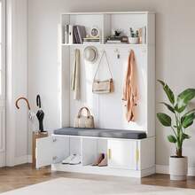 Zestaw szaf z ławką i półką na buty, wielofunkcyjna ławka ze schowkiem z 3 wieszakami i otwartą przestrzenią do przechowywania, prostokątna szafa z półkami do przedpokoju, kolor biały, wys. 190/szer. 120/gł. 40 - Biały + Płyta wiórowa - Zobacz 3