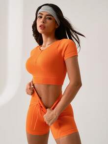 NcmRyu Women's Solid Color Yoga Set - Short Sleeve Crop Top & High Waist Compression Shorts, Ultra-Stretch Quick-Dry Skinny Fit For Summer Yoga, Gym Workouts & Training - 橘色 - 查看 4