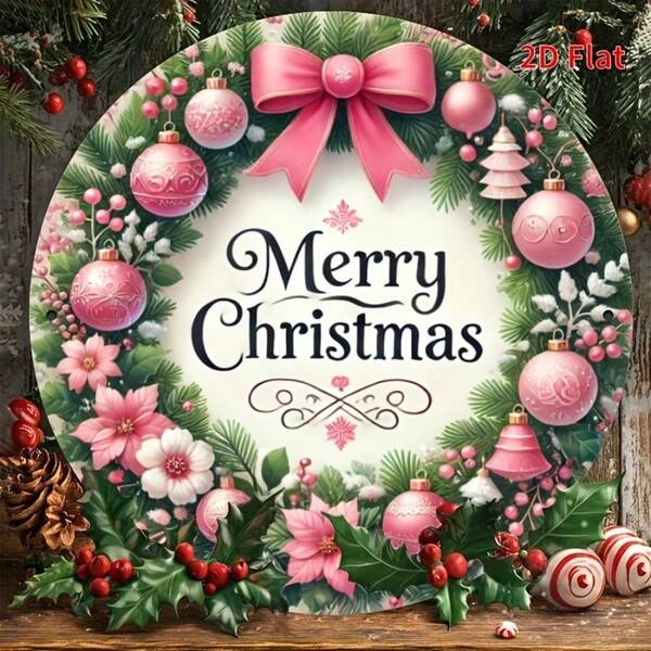 1 Pack Zeitgenössischer rosa Weihnachtskranz Tischaufsatz Wandplakette - Runder Eiserner dekorativer Schild mit der Aufschrift "Frohe Weihnachten" - Vielseitige Heim-, Garten-, Veranda- und Feiertags-Wanddekoration für Einweihungsgeschenke und Raumdekoration