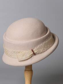 1 peça novo chapéu francês elegante versátil outono/inverno redondo de lã feltro, aba virada para cima decoração de laço chapéu de balde de aba pequena inverno quente