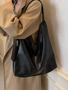 新款秋冬复古纯色哑光面料女士单肩包，现代通勤软包，简约风格可调节肩带手提包，带零钱包设计组合包，韩国高端软肩托特包 - 黑色 - 查看 4