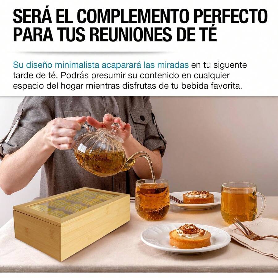 Caja Organizadora para Té Fabricada 100% con Madera de Bambú, 8 Compartimentos, Diseño Minimalista, Compacto y Multifuncional, Caja de Almacenamiento para Tisanas - 1 - Ver 1