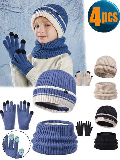 4pcs Kids Winter Hat, Scarf, Gloves Set, 3-8Y & 8-12Y, Girls Toddler Children Knitted Beanie Hat With Pom Pom, Neck Warmer Scarf, Wool Lined Fingerless Gloves Set, Suitable For Boys And Girls
