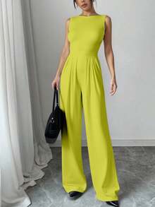 Mono Elegante para Mujer con Diseño Cruzado, Mangas Volantes con Abertura y Fajilla Ajustada, Cuello en V, Piernas Anchas, Primavera/Verano, Fiesta - Amarillo - Ver 2