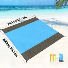 1 Piece Waterproof And Sand-Proof Beach Blanket, Foldable Beach Mat, Picnic Mat With 4 Corner Stakes For Outdoor Camping Travel Vacation Hiking - Blue - View 4