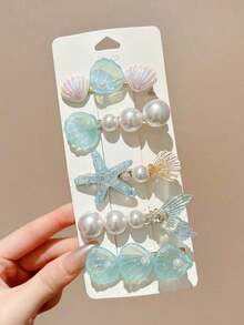 5pcs Women Blue Starfish & Seashell Tail Hair Clips, Ocean Theme Hair Accessories Suitable Daily Use ,Flat Claw Clip, Alligator Hair Clip, Hair Slide, Hair Claws - 藍色 - 查看 1