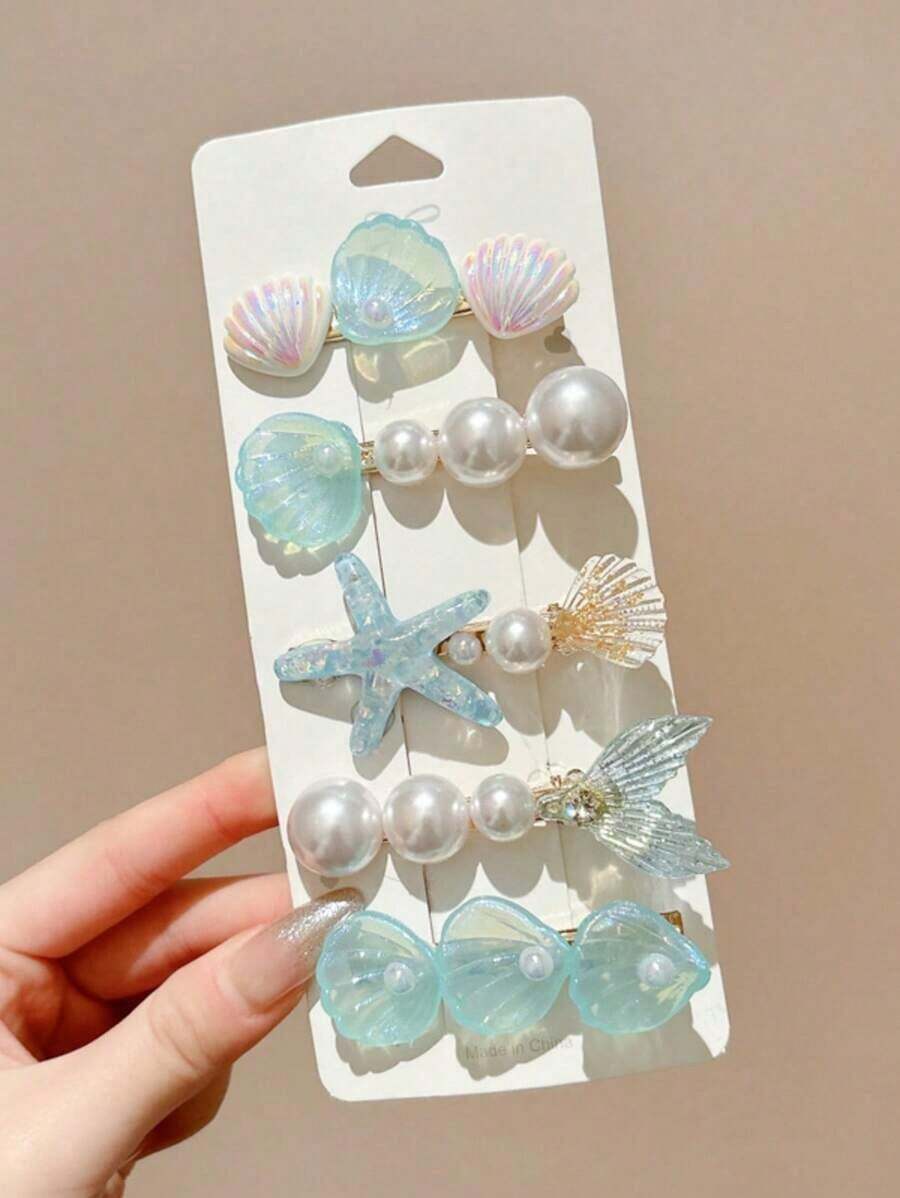 5pcs Women Blue Starfish & Seashell Tail Hair Clips, Ocean Theme Hair Accessories Suitable Daily Use ,Flat Claw Clip, Alligator Hair Clip, Hair Slide, Hair Claws - 藍色 - 查看 1