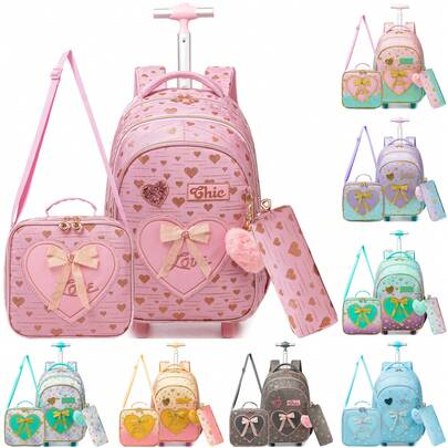 3PCS Cute Love Rolling Backpak For Girls Ribbon Bow Girls Trolley Backpack For Primary School Backpack With Lunch Bag And Pen Bag The Best Gift For Girls