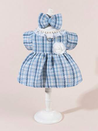 一套宠物薄纱连衣裙，带领结，可爱时尚印花连衣裙+领结宠物服装，弹力网纱公主宠物连衣裙，适合猫狗