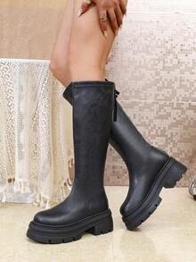 Botas elásticas de moda otoño 2024 para mujeres de baja estatura, efecto estilizante con tacón ancho, botas altas tipo equitación