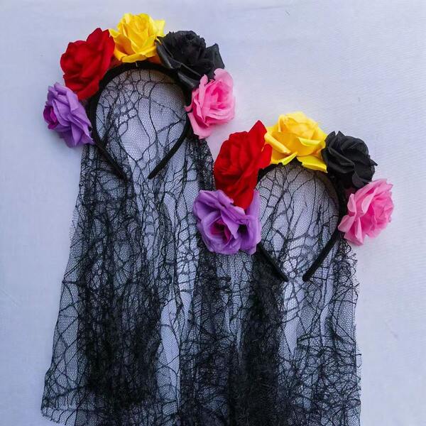 1 pezzo Fascia per capelli con velo da sposa fantasma di Ognissanti, con rose finte in pizzo, acconciatura gotica scura