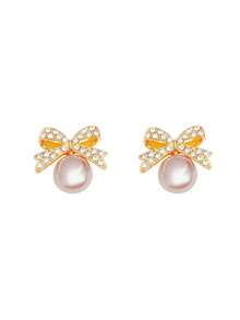1 Pair Cute Faux Pearl Bow Floral Wreath Design Stud Earrings, Suitable For Girls, An Ideal Gift Choice - one-size - View 5