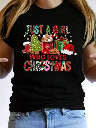 Plus Size Men&Women's Christmas "Just A Who Loves Christmas" Graphic T-Shirt - Black Casual Holiday Tee With Gingerbread, Candy Canes & Snowflakes Design, Machine Washable Round Neck Top For Festive Outfits, Christmas Tshirt, Seasonal Clothing, Allseason Fabric