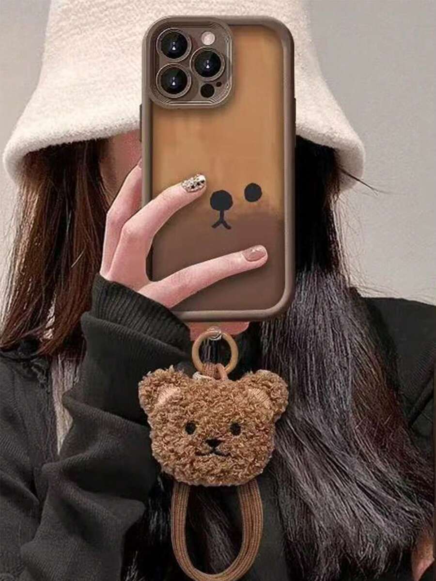 可爱棕熊带挂绳手机壳适用于 17/16 Pro Max/15 Pro、新款 14、13、12 Pro、11、XS、15 Plus，时尚小众硅胶保护套 - 棕色 - 查看 1