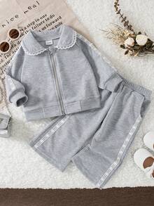 秋冬女宝宝休闲灰色宽松荷叶边领拉链夹克和高腰喇叭裤套装 - 灰色 - 查看 1