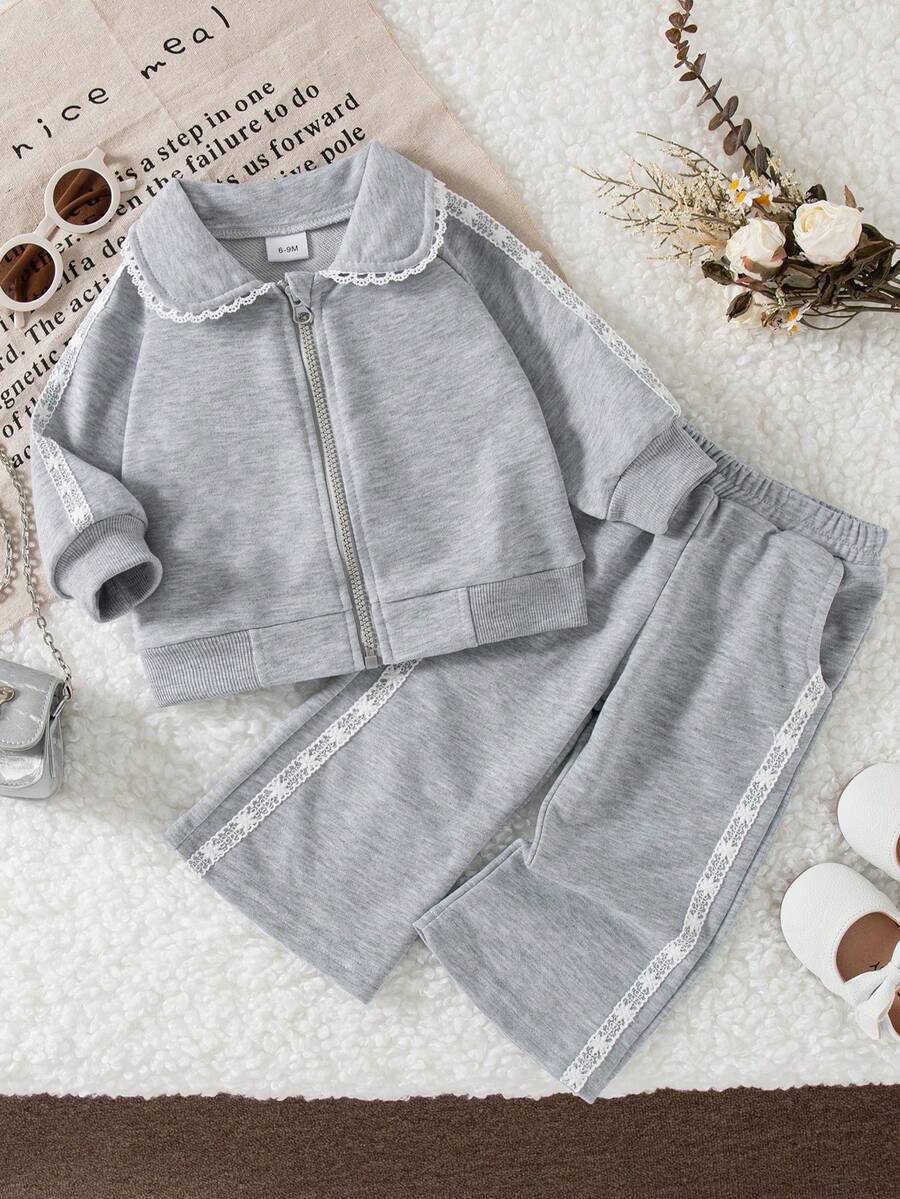 秋冬女宝宝休闲灰色宽松荷叶边领拉链夹克和高腰喇叭裤套装 - 灰色 - 查看 1
