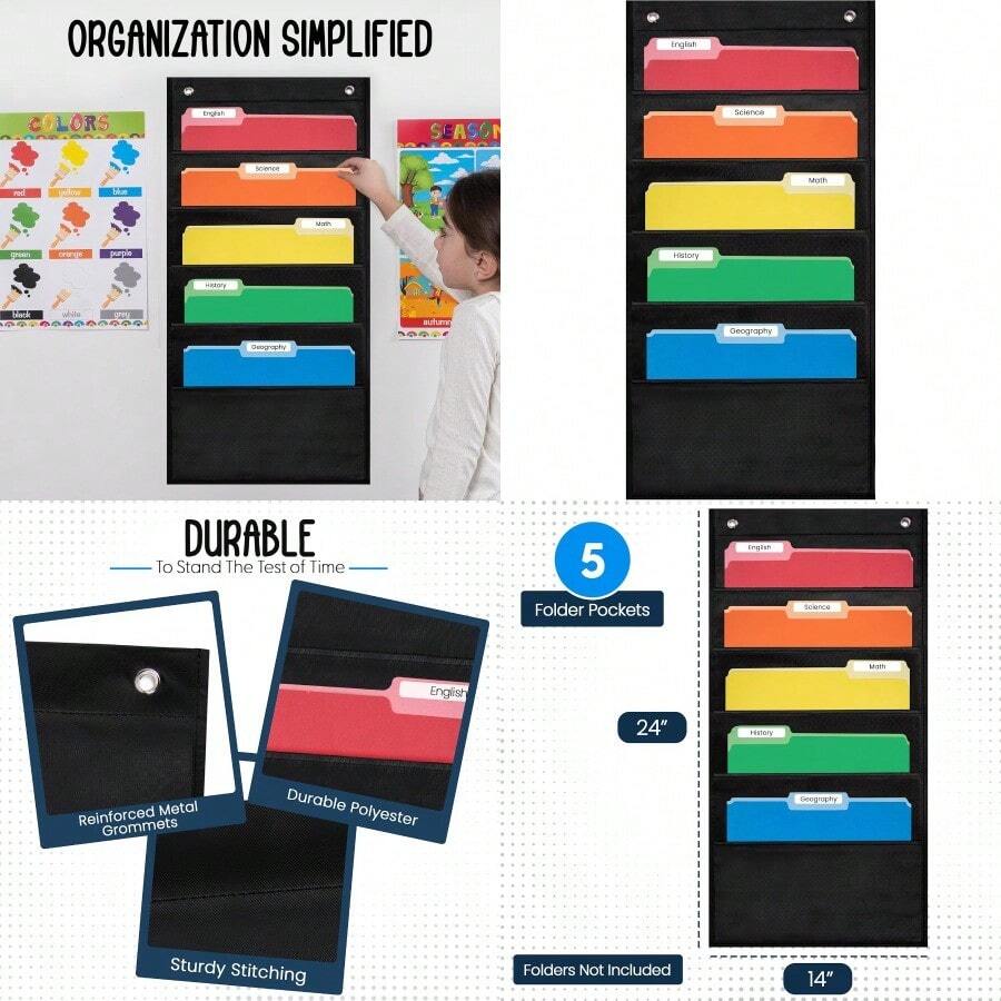 Essex Wares 5 Pocket File Pocket Chart Black 14