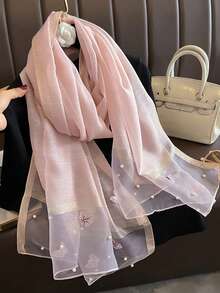 1pc Bohemian Style Elegant Floral Embroidered Silk Scarf, Casual Business Shawl, Suitable For Daily Wear