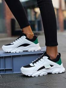 ​Women's White Black Green Chunky Sole Sneakers - Breathable Mesh Upper With Raw Hem Denim For Street Style Comfort, Year-Round Shoes For Women​ - Nhiều màu - Xem 5