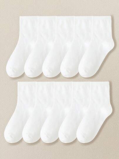 10双装儿童透气袜，适合春、夏、秋季穿着，吸湿排汗，防臭，纯白色，学生袜