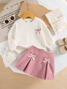 秋冬女宝宝可爱美式学院风休闲粉色蝴蝶印花上衣和粉色百褶裙套装 - 粉色 - 查看 1