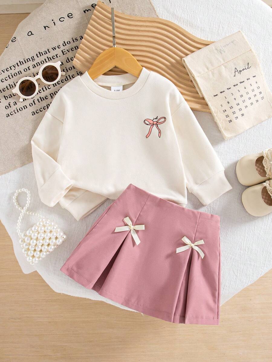 秋冬女宝宝可爱美式学院风休闲粉色蝴蝶印花上衣和粉色百褶裙套装 - 粉色 - 查看 1