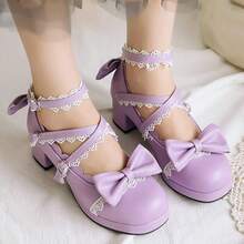 Women Lolita Cosplay Shoes Cross Strap Block Heel Mary Jane Lace Pumps-20256688 - 紫色 - 查看 6