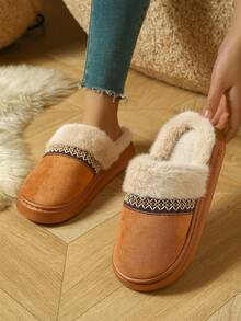 女士仿麂皮绒毛拖鞋，厚底包头拖鞋，冬季时尚户外雪地鞋，一脚蹬休闲拖鞋，带 TPR 防滑外底，适合室内外使用 - 棕色1 - 查看 7